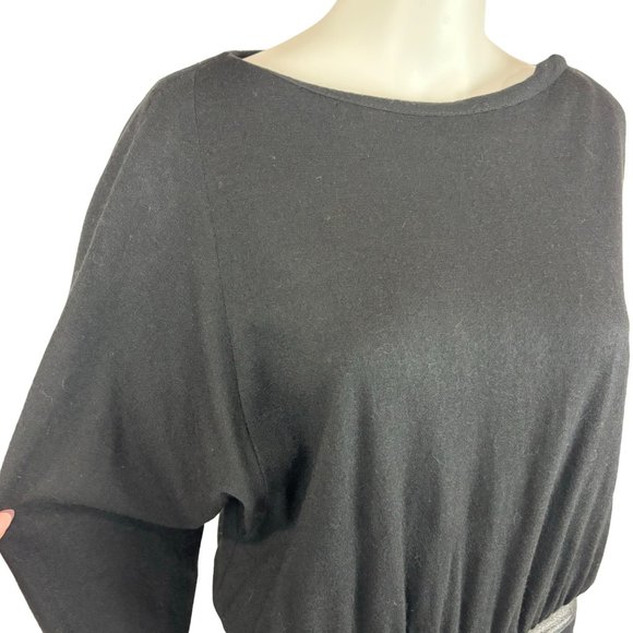 Vintage 80s Black Dress Women's Large Faux Leather Trim Waist Batwing Sleeves Bo - Picture 3 of 10